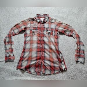 Roar Women's Plaid Rhinestone Button Down Shirt Sz M - Red and White Cross